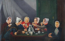 Clevernser Bauernfrauen am Kaffeetisch um 1835, Ölgemälde von Friedrich A. W. Barnutz (1791-1867).
Wahrscheinlich werden Tassen aus Thüringer Porzellan und eine Kranenkanne nach Vorbild eines Samovars benutzt, dazu der Kaffee aus Afrika Barnutz - Clevernser Bauernfrauen am Kaffeetisch