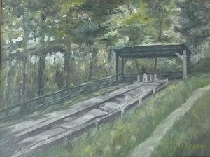 H.A. Janßen, Alt Jever, ehemalige Kegelbahn am Schützenhof, Öl auf Holz, um 1960.